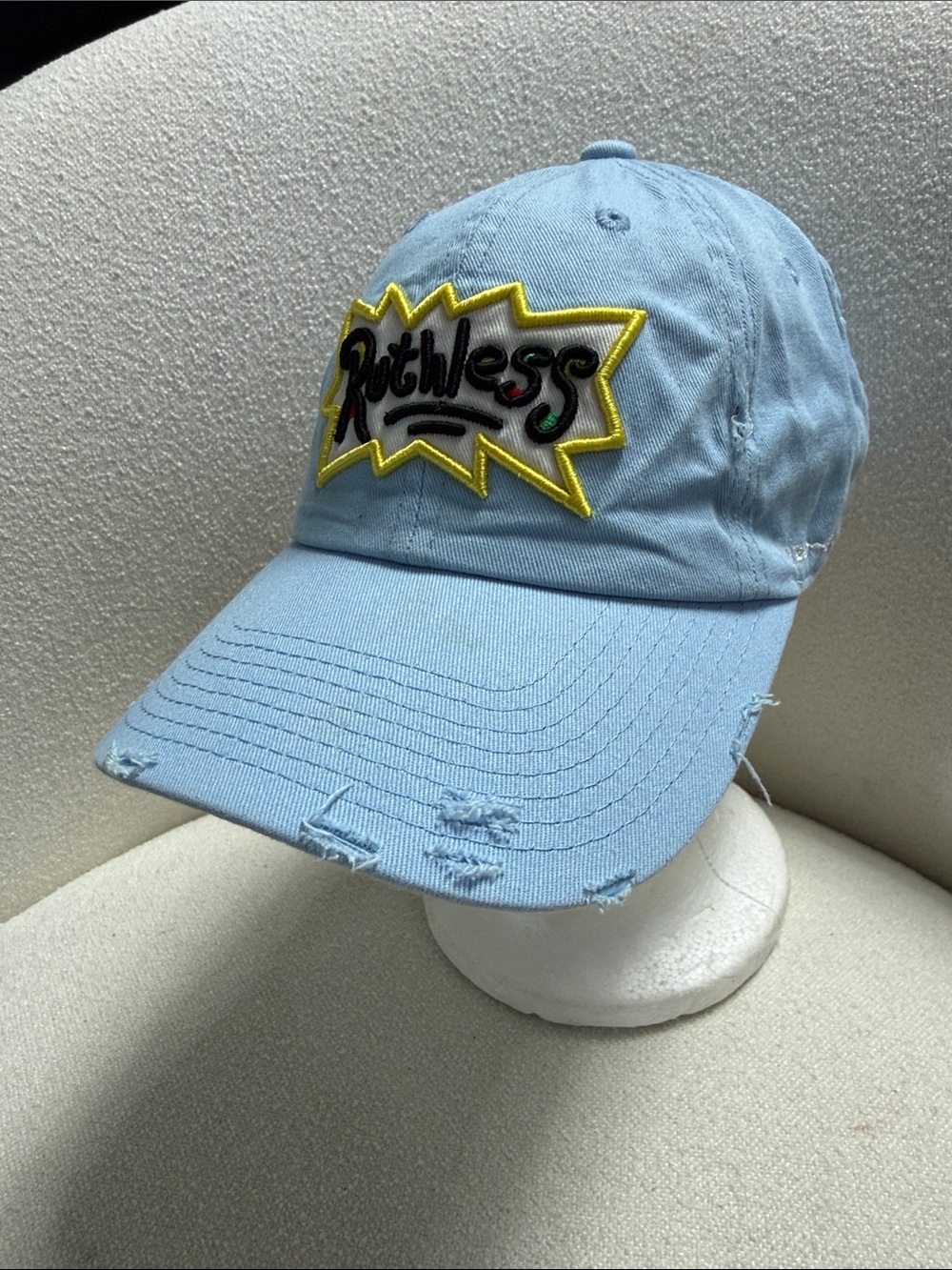 Ruthless Embroidered Light Blue Distressed Baseball Cap